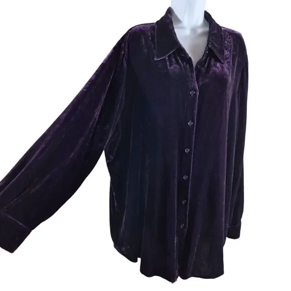 Soft Surroundings Purple Velour Button Up Shirt 2XL Relaxed Fit Minimalist Goth - Picture 5 of 8